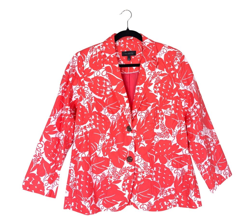 Talbots Womens 8 Coral Pink White Pineapple Print Cotton Blazer Tropical NEW